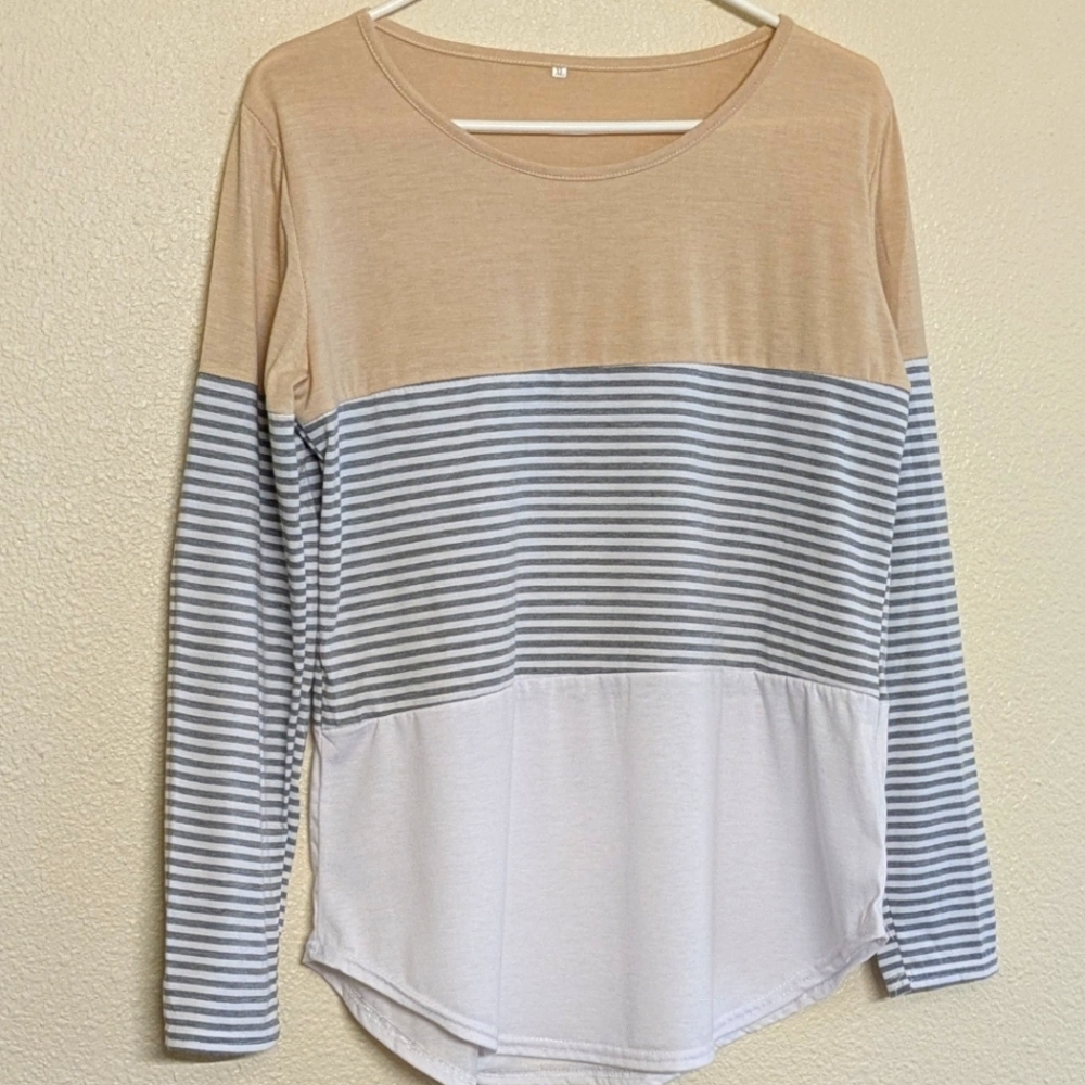 Tagless Striped Tan and Gray Women's Tunic Size XL Chunks Of Pattern